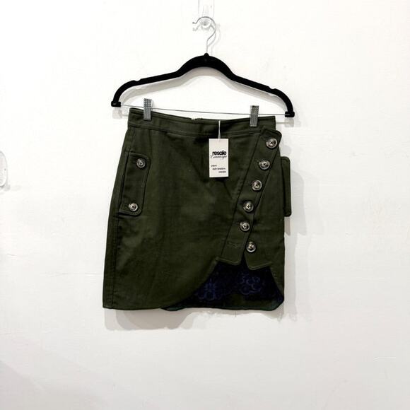 Self Portrait High Waisted Lace Trim Buttoned Utility Mini Skirt Olive Women's 4 - Picture 2 of 5